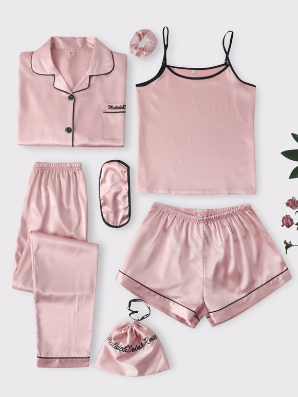 7Pcs Satin Pajama Set with Contrast Binding