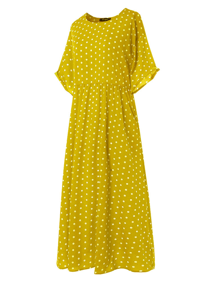 Polka Dot Print Short Sleeve Plus Size Maxi Dress with Pockets