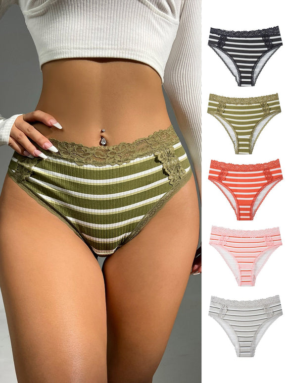 5Pack Striped Contrast Lace Panty Set