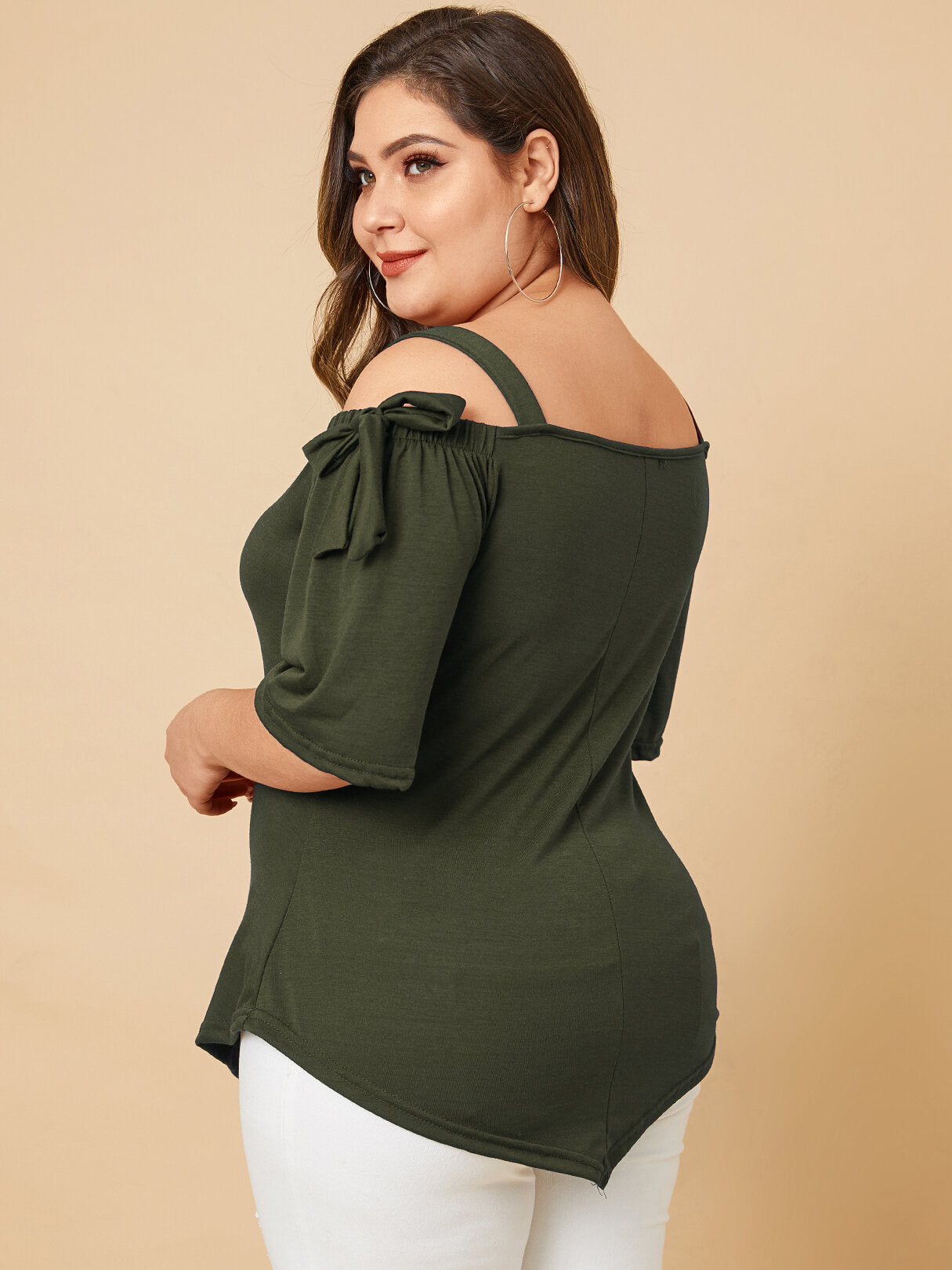Plus Size Tie-up Design Cold Shoulder Half Sleeve Wild Casual Blouse