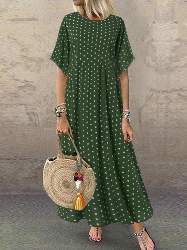 Polka Dot Print Short Sleeve Plus Size Maxi Dress with Pockets