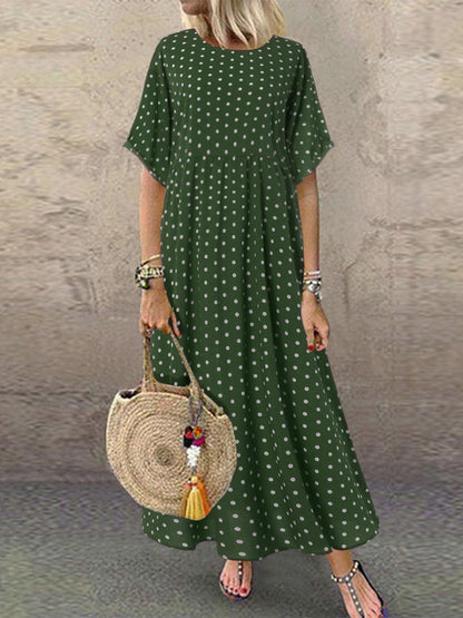 Polka Dot Print Short Sleeve Plus Size Maxi Dress with Pockets