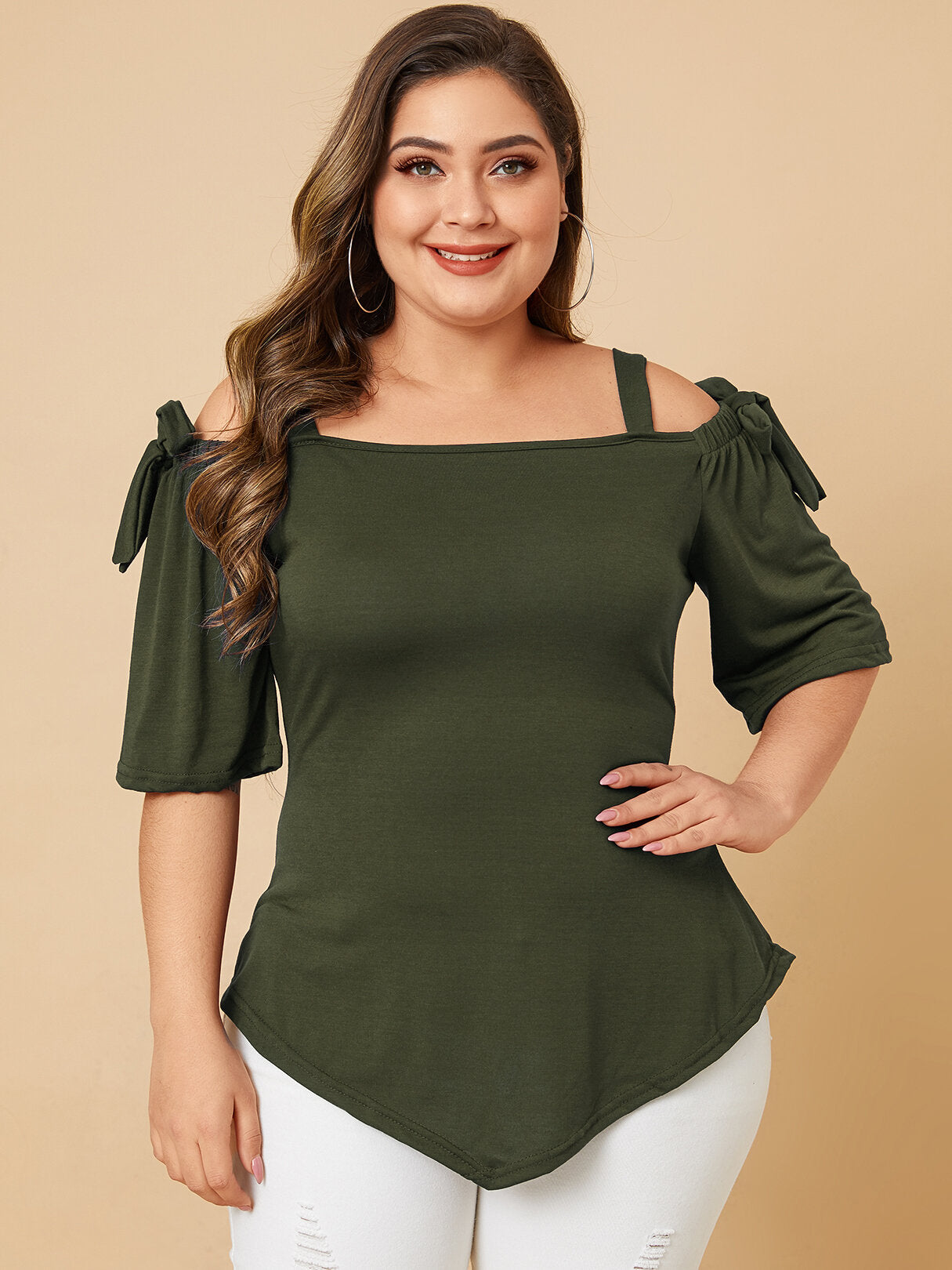 Plus Size Tie-up Design Cold Shoulder Half Sleeve Wild Casual Blouse