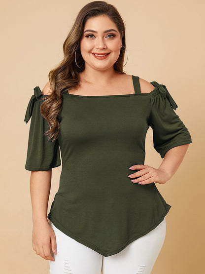 Plus Size Tie-up Design Cold Shoulder Half Sleeve Wild Casual Blouse