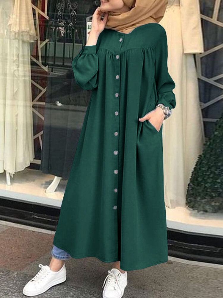 Solid Color Stand Collar Button Down Front Leisure Loose Maxi Dress with Side Pockets