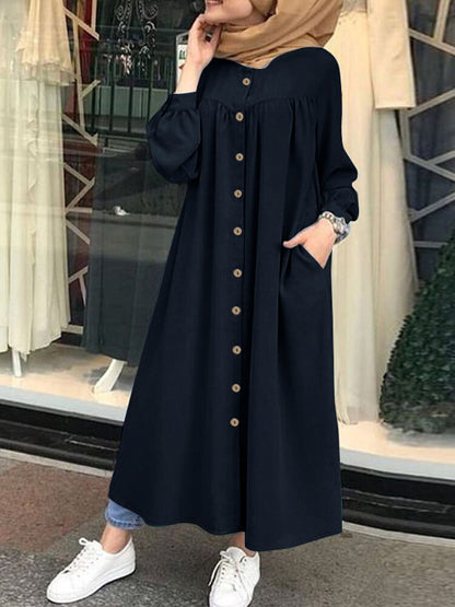 Solid Color Stand Collar Button Down Front Leisure Loose Maxi Dress with Side Pockets
