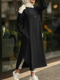 Women Solid Color O-neck Long Sleeves Splited Robe Kaftan Casual Maxi Dress With Pocket