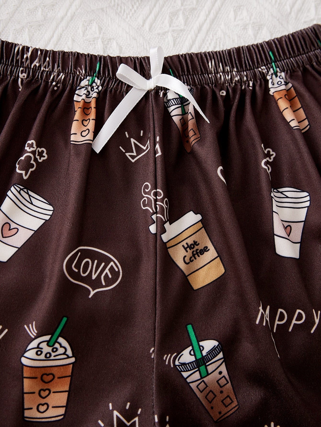 Girls Coffee & Letter Graphic Lettuce Trim PJ Set
