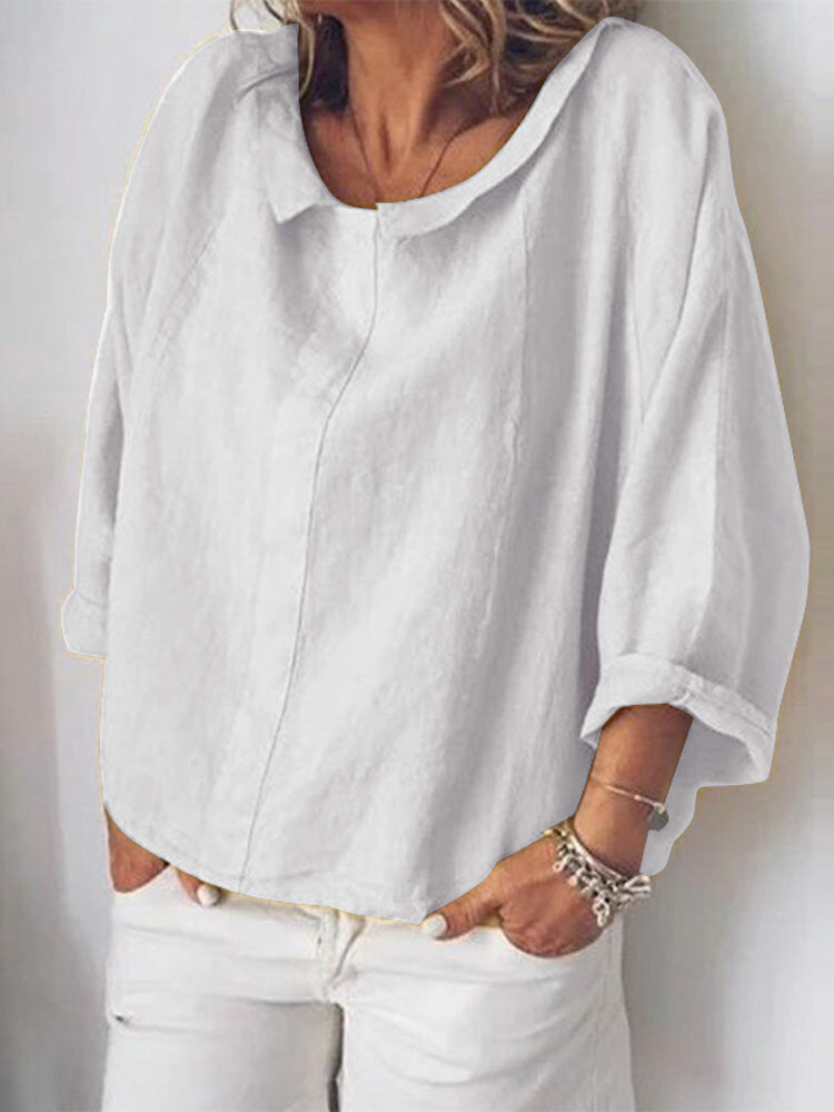 Women Casual Cotton Pure Color Long Sleeve Blouse