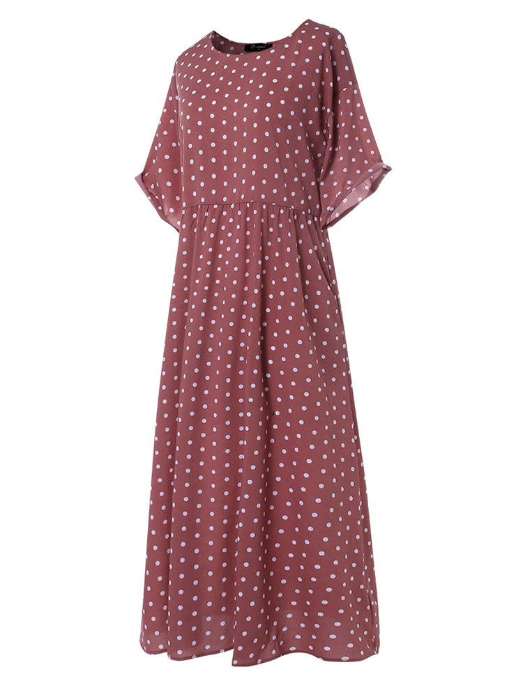 Polka Dot Print Short Sleeve Plus Size Maxi Dress with Pockets