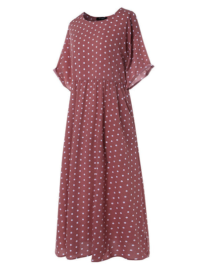 Polka Dot Print Short Sleeve Plus Size Maxi Dress with Pockets