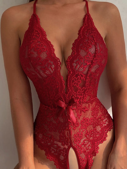 Floral Lace Scallop Trim Crotchless Teddy Bodysuit