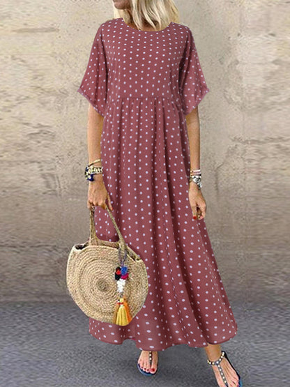Polka Dot Print Short Sleeve Plus Size Maxi Dress with Pockets