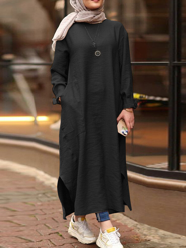 Women Solid Color O-neck Long Sleeves Splited Robe Kaftan Casual Maxi Dress With Pocket
