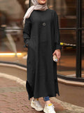 Women Solid Color O-neck Long Sleeves Splited Robe Kaftan Casual Maxi Dress With Pocket