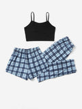 3Pcs Plaid Knot Front Cami PJ Set