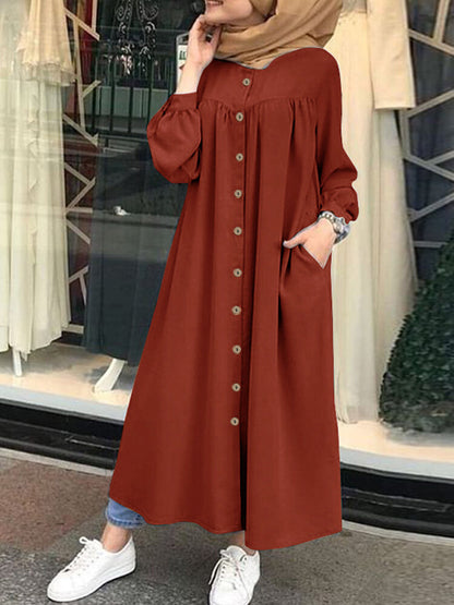 Solid Color Stand Collar Button Down Front Leisure Loose Maxi Dress with Side Pockets