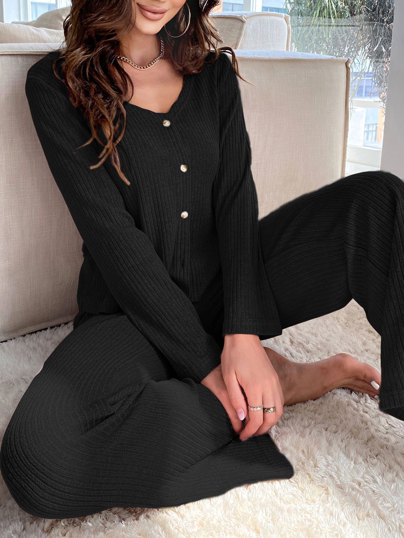 Ribbed Knit Button Front Lounge Set