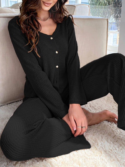 Ribbed Knit Button Front Lounge Set