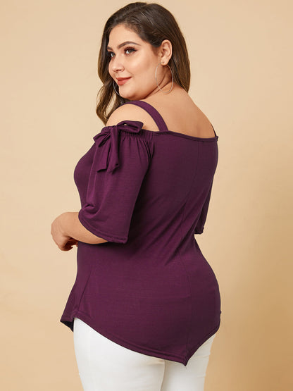 Plus Size Tie-up Design Cold Shoulder Half Sleeve Wild Casual Blouse