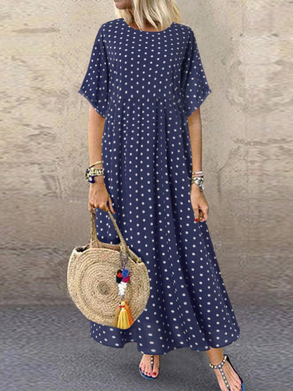 Polka Dot Print Short Sleeve Plus Size Maxi Dress with Pockets
