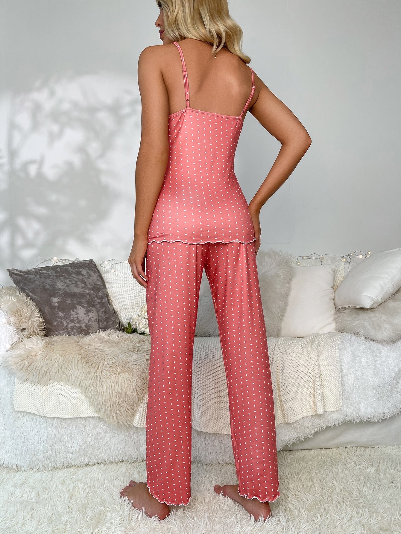 Polka Dot Pattern Lace Trim Bow Front PJ Set