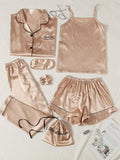 7Pcs Satin Pajama Set with Contrast Binding