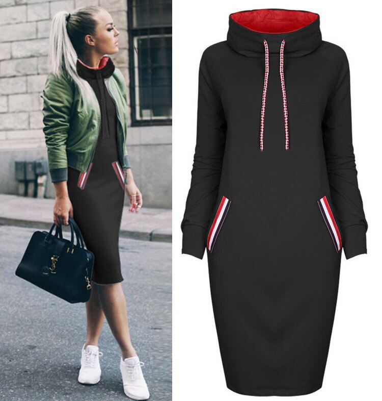 6 Colors Autumn Women Sweater Dress Slim Long Sleeves Turtleneck Drawstring Harajuku Hoodies Moletom Feminino Ez