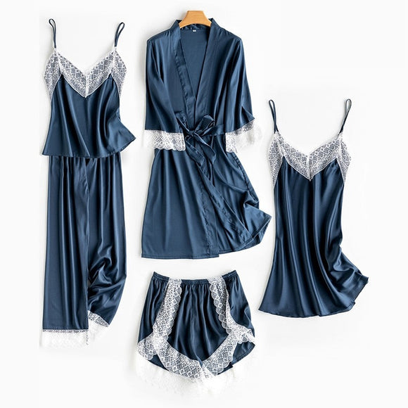 Wedding Robe Suit Women Summer Satin Kimono Bath Gown Sexy Lace Sleepwear Pj Sets Bride Bridesmaid Bathorobe Lingerie Loose Pajamas