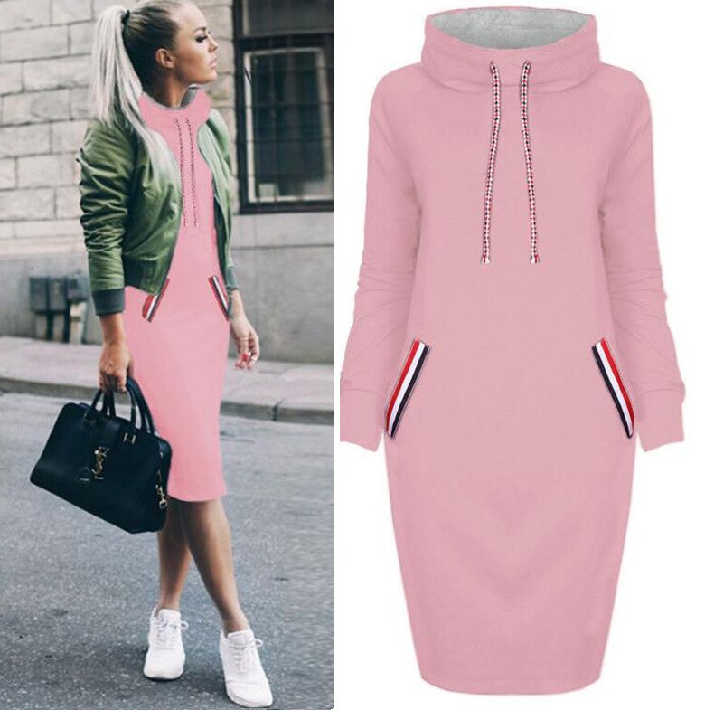 6 Colors Autumn Women Sweater Dress Slim Long Sleeves Turtleneck Drawstring Harajuku Hoodies Moletom Feminino Ez
