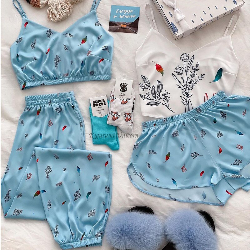 Estorenew Pajamas for Women Flower Print Pajamas Set Satin Silk Sleepwear Set Summer Pijamas Shorts Home Clothes Loungewear Dropshipping