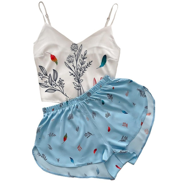 Estorenew Pajamas for Women Flower Print Pajamas Set Satin Silk Sleepwear Set Summer Pijamas Shorts Home Clothes Loungewear Dropshipping