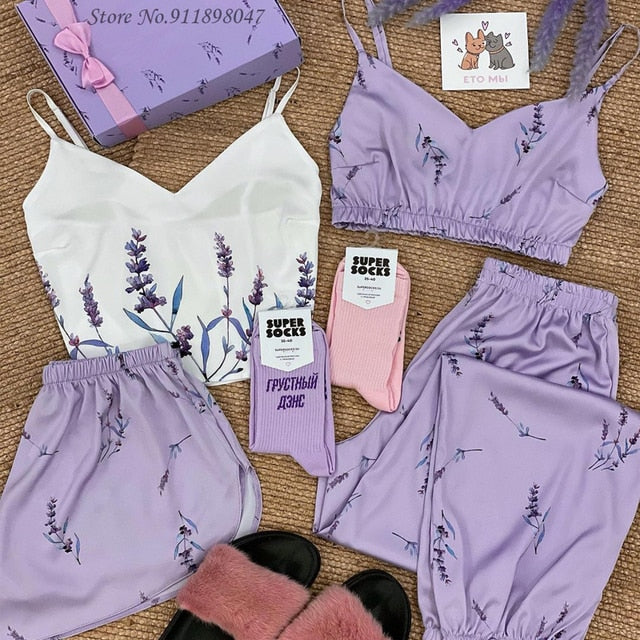 Estorenew Pajamas for Women Flower Print Pajamas Set Satin Silk Sleepwear Set Summer Pijamas Shorts Home Clothes Loungewear Dropshipping