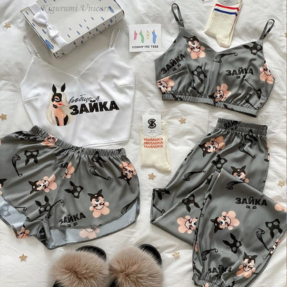 Estorenew Pajamas for Women Flower Print Pajamas Set Satin Silk Sleepwear Set Summer Pijamas Shorts Home Clothes Loungewear Dropshipping