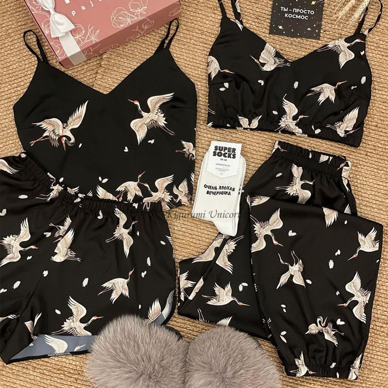Estorenew Pajamas for Women Flower Print Pajamas Set Satin Silk Sleepwear Set Summer Pijamas Shorts Home Clothes Loungewear Dropshipping