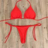 Women&#39;s Ultra Thin Elastic Thong Bikini Set Side Tie Sexy Solid Color Swimsuit Bandage Style Brazilian Swimwear