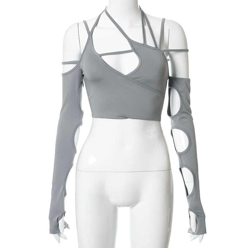 2022 New Cyber Y2k Techwear Punk Women Halter Tops Gothic Egirl Patchwork Long Sleeve Crop Top Sexy Cut Out Casual T-shirts