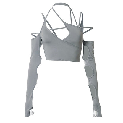 2022 New Cyber Y2k Techwear Punk Women Halter Tops Gothic Egirl Patchwork Long Sleeve Crop Top Sexy Cut Out Casual T-shirts