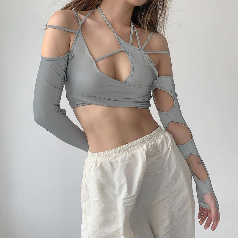 2022 New Cyber Y2k Techwear Punk Women Halter Tops Gothic Egirl Patchwork Long Sleeve Crop Top Sexy Cut Out Casual T-shirts