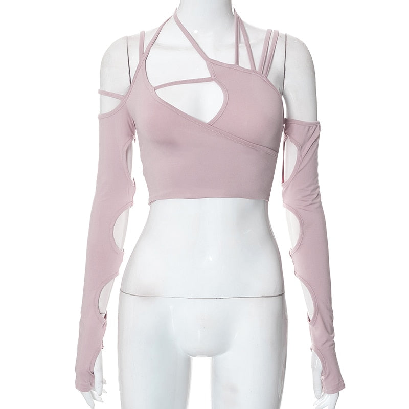 2022 New Cyber Y2k Techwear Punk Women Halter Tops Gothic Egirl Patchwork Long Sleeve Crop Top Sexy Cut Out Casual T-shirts