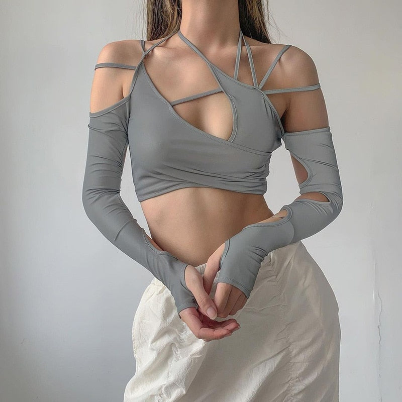 2022 New Cyber Y2k Techwear Punk Women Halter Tops Gothic Egirl Patchwork Long Sleeve Crop Top Sexy Cut Out Casual T-shirts
