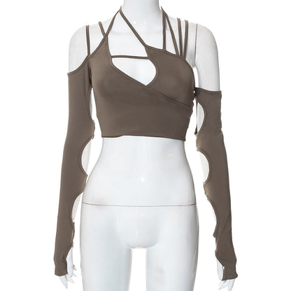 2022 New Cyber Y2k Techwear Punk Women Halter Tops Gothic Egirl Patchwork Long Sleeve Crop Top Sexy Cut Out Casual T-shirts