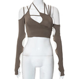 2022 New Cyber Y2k Techwear Punk Women Halter Tops Gothic Egirl Patchwork Long Sleeve Crop Top Sexy Cut Out Casual T-shirts