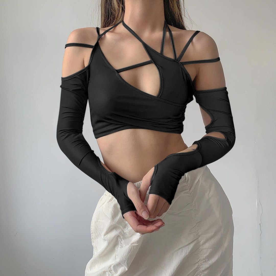 2022 New Cyber Y2k Techwear Punk Women Halter Tops Gothic Egirl Patchwork Long Sleeve Crop Top Sexy Cut Out Casual T-shirts