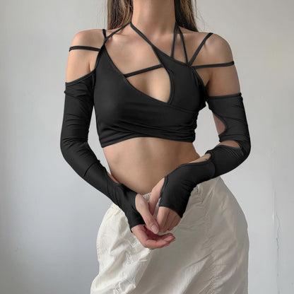 2022 New Cyber Y2k Techwear Punk Women Halter Tops Gothic Egirl Patchwork Long Sleeve Crop Top Sexy Cut Out Casual T-shirts