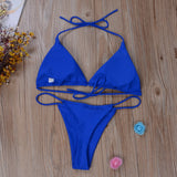 Women&#39;s Ultra Thin Elastic Thong Bikini Set Side Tie Sexy Solid Color Swimsuit Bandage Style Brazilian Swimwear