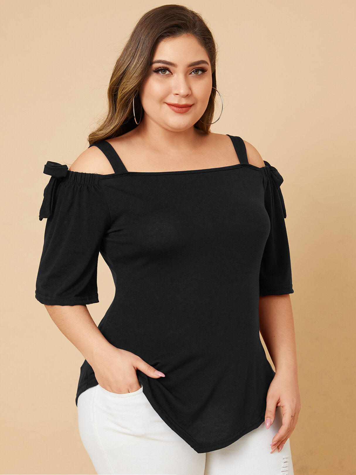 Plus Size Tie-up Design Cold Shoulder Half Sleeve Wild Casual Blouse