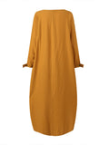 Women Solid Color O-neck Long Sleeves Splited Robe Kaftan Casual Maxi Dress With Pocket