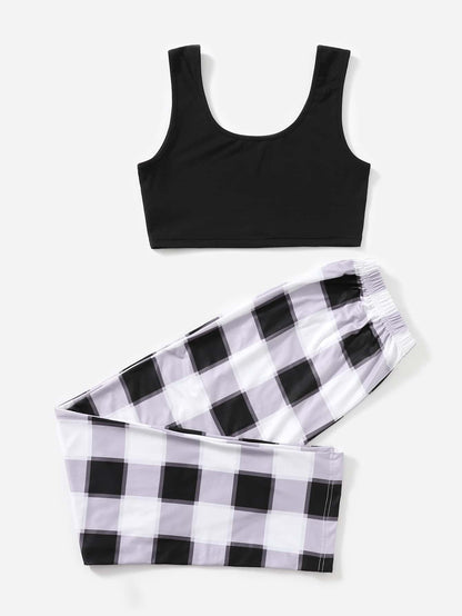 Tank Top & Buffalo Plaid Bow Detail Pants PJ Set
