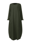 Women Solid Color O-neck Long Sleeves Splited Robe Kaftan Casual Maxi Dress With Pocket